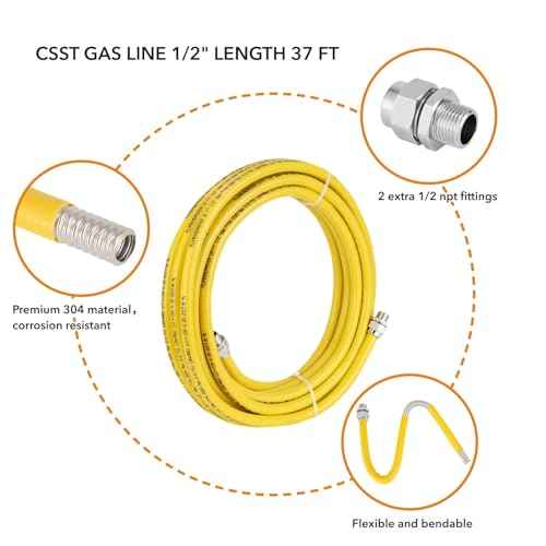 33ft 1/2 inch CSST Flexible Yellow Propane Gas line, Corrugated Stainless Steel 304 Hose, with Total 4 Male Adapter Fittings, Natural Grill Pipe kit