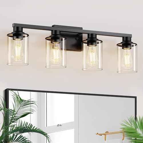 L LOHAS LED 4-Light Bathroom Vanity Lights Over Mirror, 27 Inch Black Bathroom Light Fixtures with Clear Glass Shade, Modern Vanity Lights for Living Room Hallway Bedroom