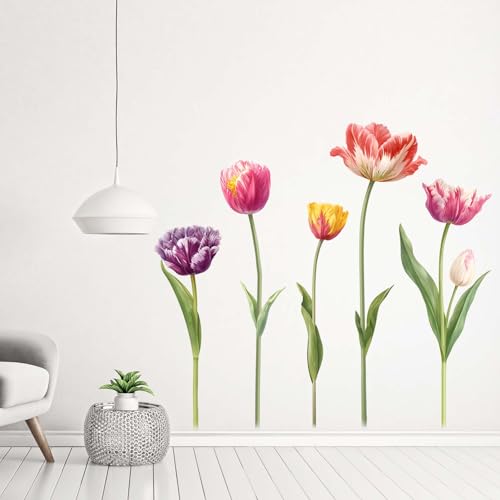 5 Large Tulip Flowers Wall Stickers - Wildflower Floral Garden Wall Stickers - Girls Bedroom Living Room Sofa TV Background Home Wall Decor
