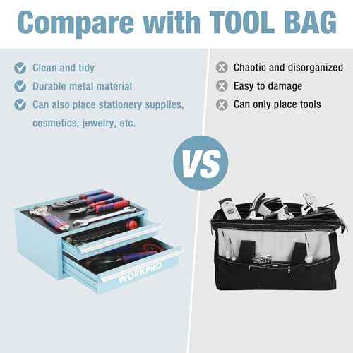 WORKPRO 12.5" Mini Tool Box with 2 Drawers & 1 Open Top Storage, Small Metal Tool Chest with PVC Liners & PP Feet Pads, Cold Rolled Steel Toolbox with Drawer Liners & Magnetic Tabs