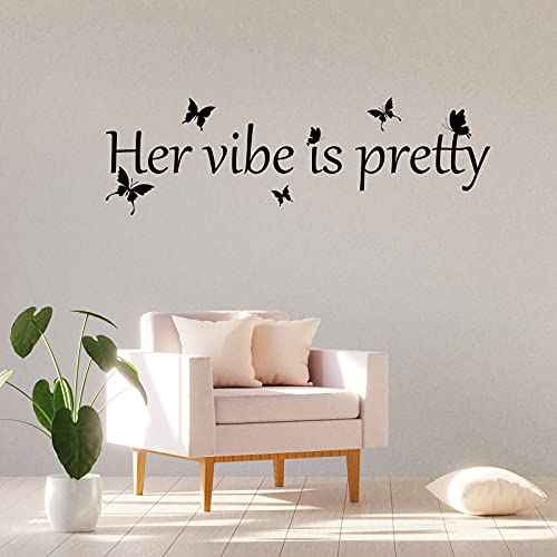 Her Vibe is Pretty Wall Decal Decor Vivid Butterflies Wall Sticker Inspirational Quotes Positive Wall Decal Sticker for Women Office 31.5 x 9.4 Inch (Simple Style,Black)