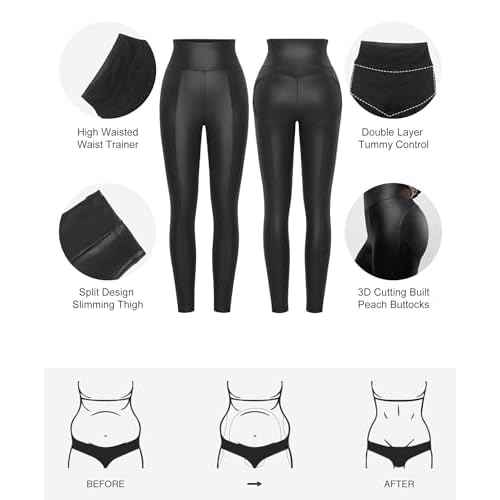 Popilush Shapewear Leggings Leather Pants - Faux Leather Leggings for Women Tummy Control Hight Waisted Pleather Pants