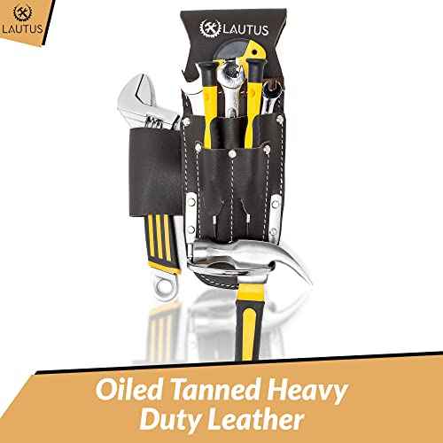 LAUTUS 5 Pockets Pliers & Hammer Holder| Oiled Tanned Leather Holder |Carpenter, Construction, Framers, Handyman| Heavy Duty|
