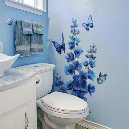 Blue Flower Butterfly Wall Stickers, sacinora Daisy Peony Violets Floral Art Wall Decals Removable Vinyl Peel and Stick for Bathroom Bedroom Home Decorations