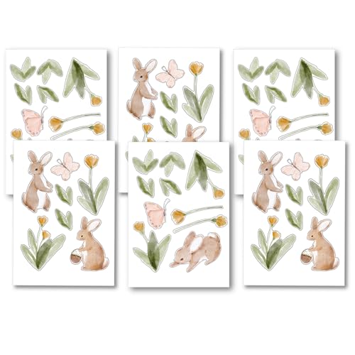 Summertime Watercolor Cute Bunnies and Flowers Nursery Wall Decal, Peel and Stick Reusable and Removable Kids Wall Stickers