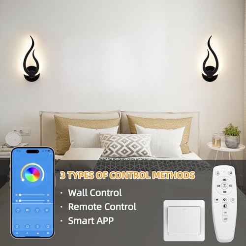 Modern Wall Sconce Set of 2, Wall Light Hardwired with 2.4G Remote Control, 10W LED Black Wall Mounted Lights, 3000K-6000K Dimmable, LED Wall Lights for Living Room Bedroom Hallway Bedside