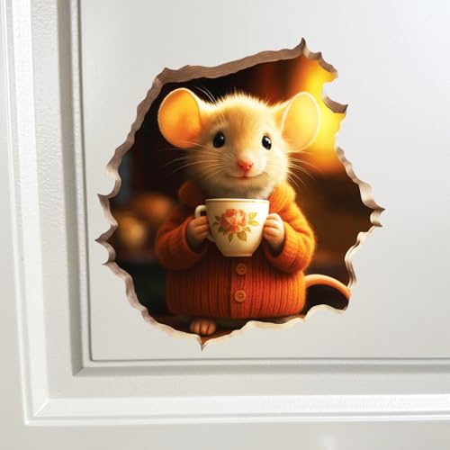 GRITKULTURE Removable Mouse Having Coffee in Mouse Hole Decal Sticker 5.1inch 2 Pack. Mouse Hole in The Wall Sticker with 3D Effect. Wall Decoration, Funny Gift, Potty Training, Prank (#4)