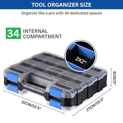 Andalus Tools Organizer Box, Small Parts Storage 34-Compartment Double-Sided Portable Hardware Organizer Removable Plastic Dividers for Screws, Nuts, Bolts, Nails ? Blue (2 Pack, 12.5" x 10.5" x 3")