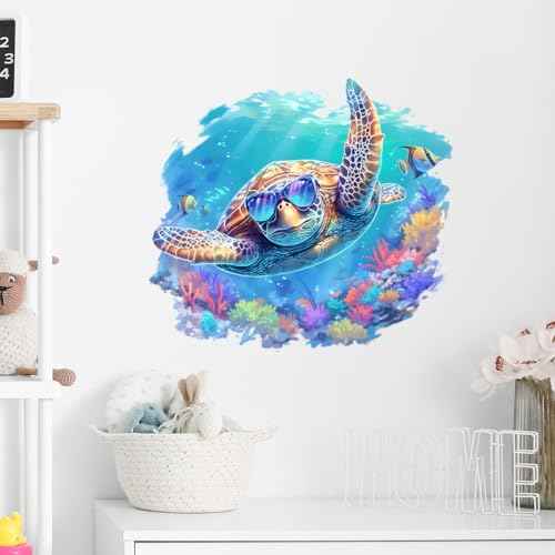 Sea Turtle Wearing Sunglasses Wall Decals Removable Animal Vinyl Stickers for Nursery Living Room and Bathroom Ocean Theme Decor Peel and Stick Wall Art