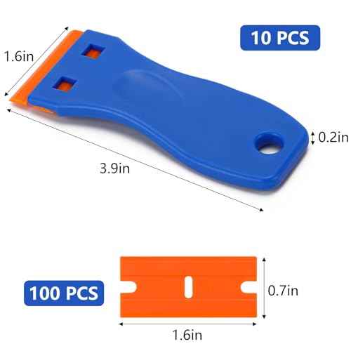 10 Plastic Razor Blade Scraper, 100 Pcs Blades, Remove Label Decal Tool for Stickers, Gaskets and Paints on Window Car Glass