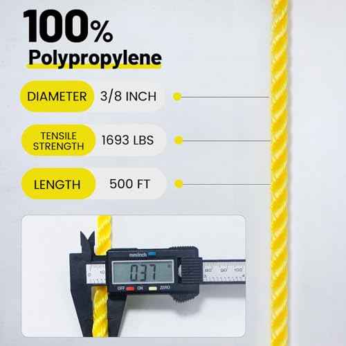Polypropylene Rope 3/8 inch 500ft, All Purpose Yellow Rope, Floating Line, Camping, Flag Pole, Indoor & Outdoor, High Visibility, Lightweight