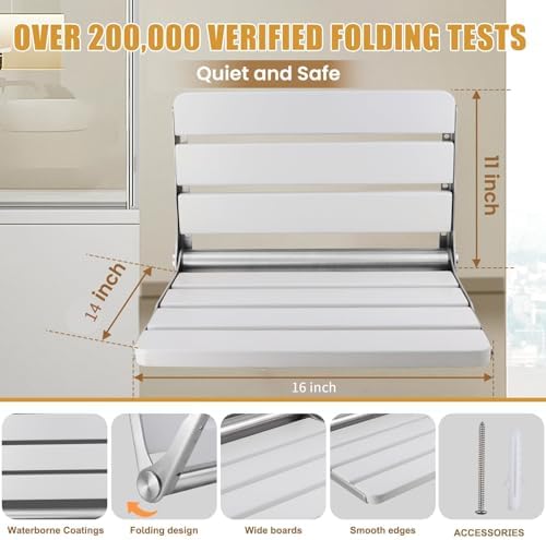 Teak Folding Shower Seat Wall Mounted, 16" Foldable Shower Bench, 400lbs Max Load, Space-Saving Fold Down Design for Seniors, Elderly & Small Shower Spaces (White, 16 inchs)