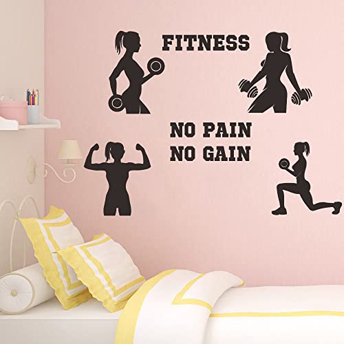 Women Fitness Wall Decal - ¡°No Pain No Gain¡± Motivational Quote with Girl Lifting Weights - PVC Removable Vinyl Sticker for Gym, Home Workout Room, Bedroom Decor - 34x24 Inch JWH177 (Black)