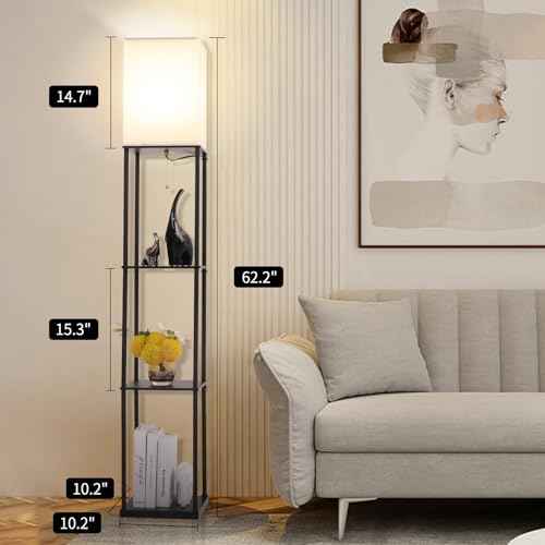 Floor Lamp with Shelves, with Modern Square Standing Lamp with Smart APP Control RGB Bulb, Corner Display Bookshelf Lamp for Living Room, Bedroom and Office (black-9RGB)