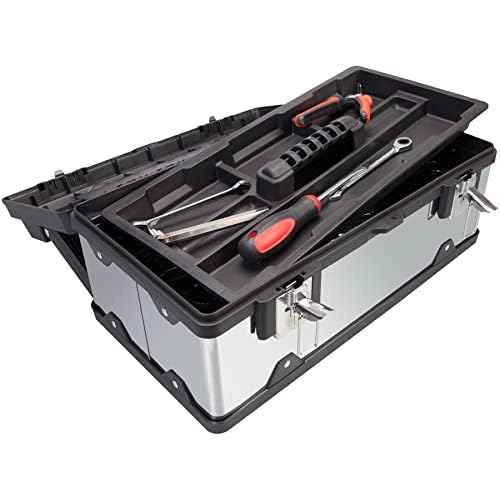 Road Dawg ROAD DAWG A5519BD Torin 18" Stainless Steel Portable Storage Tool Box Organizer with Metal Lock, Clear Lid Compartments, and Removable Tray - Stainless Steel/Black