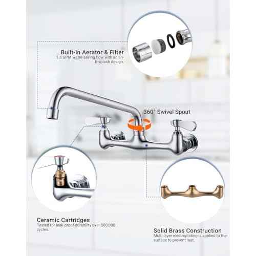 Commercial Kitchen Faucet 8 Inch Center Wall Mount Commercial Sink Faucet with 8 Inch Swivel Spout 2 Dual Handle Laundry & Utility Room Sink Faucets Restaurant Industrial Chrome Mixer Tap