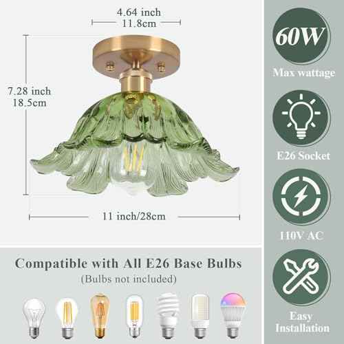 Semi Flush Mount Ceiling Light,Hallway Vintage Lights Fixture Ceiling Green 11" E26 Vintage Light Fixtures for Closet Hallway Kitchen Dining Room