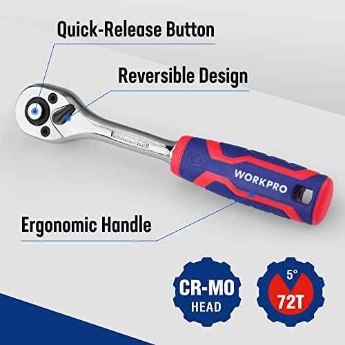 WORKPRO 1/4-Inch Drive Ratchet Wrench, 72-Tooth Reversible Ratchet, Quick-Release 1/4 Drive Ratchet Handle, CR-MO Head, Chrome Plated Finish