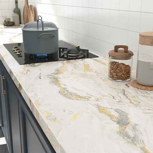 Livelynine Off White Marble Contact Paper for Countertops Desk Waterproof Gold Marble Wallpaper Peel and Stick Countertop Kitchen Vinyl Wrap Marble Counter Top Covers Bathroom Bedroom Walls 15.8x78.8