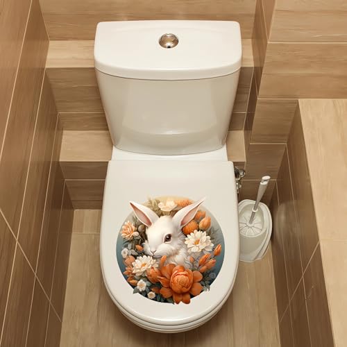 4 Sheets Cute Bunny Flower Butterfly Toilet Stickers, sacinora Rabbit Toilet Lid Decals Removable Vinyl Peel and Stick Wall Stickers for Bathroom Restroom WC Bathtubs Door Furniture Home Decorations