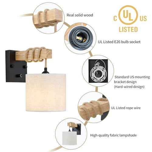 Boho Wall Sconces Set of Two, Hardwired Farmhouse Fabric Wall Lamps with Wooden Arm & On/Off Dimmable Switch,Rustic Indoor Wall Mount Light Fixtures for Bedroom Nursery Living Room Bathroom