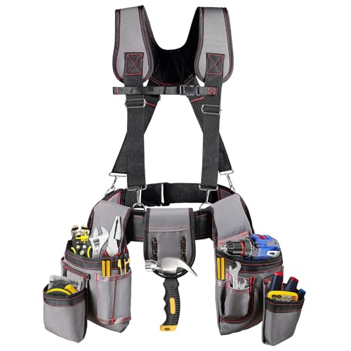 Tool Belt with Suspenders, Professional Tool Belt for Men, 18-Pocket Adjustable Heavy Duty Tool Organizer for Electrician, Carpenter, Framer, Construction Worker, Gray & Orange (32''?66'')