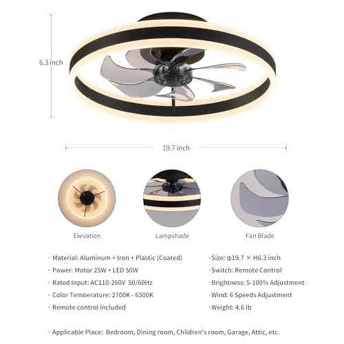 KDG 19.7" Low Profile LED Ceiling Fans with Light, Reversible Flush Mount with Remote and 6 Winds Speeds Fan Lighting, 3 Colors Dimmable for Bedroom, Living Room, Kids, Dinning Room, Kitchen (Black)