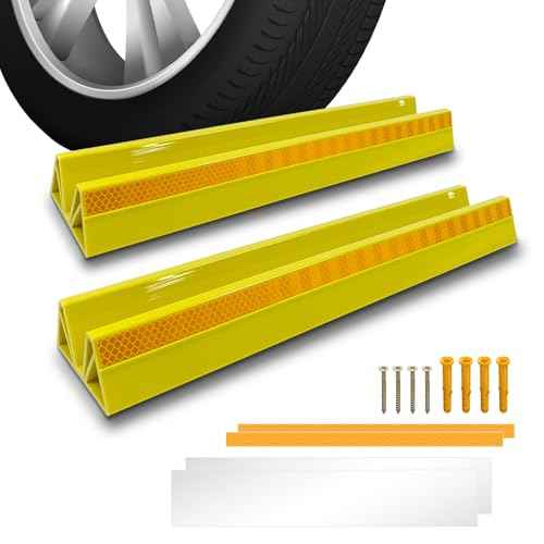 2 Pcs 18'' Parking Car Wheel Stopper for Garage with 2 Installation Methods, Heavy Duty Tire Stops with Reflective Tapes, Car Parking Aids for Garage, Yellow