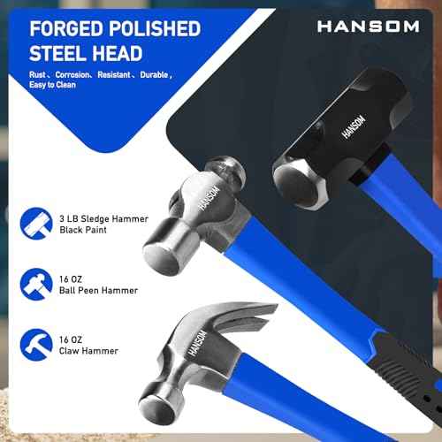 5-Pack Hammer Set,Rubber Mallet 32oz, Double-Faced Mallet 22oz,16oz Claw Hammer,16oz Ball Peen Hammer,3lb Sledge Hammer,Ergonomic Handle