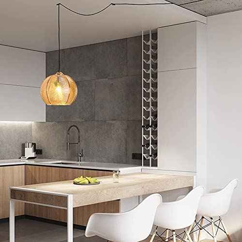 Plug in Glass Pendant Light Mid-Century Modern Striped Amber Glass Hanging Ceiling Lighting Fixture with 14.7FT Cord, Globe Decor Chandelier For Living Room, Bedroom, Dining Hall, Kitchen (Amber)