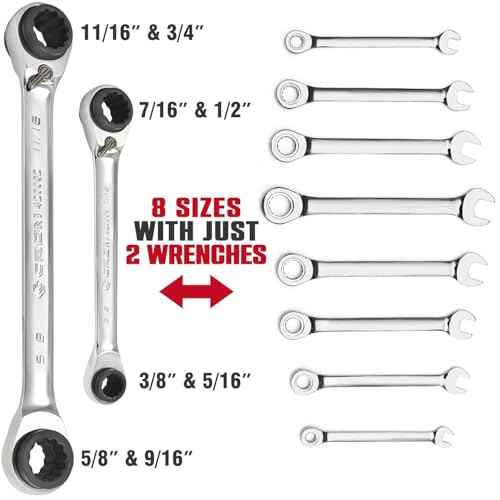 CROM 4-in-1 Reversible Ratcheting Wrench Set - 2 Piece, SAE, Double Box End Ratcheting Speed Wrench Set, 5/16¡±, 3/8¡±, 7/16¡±, 1/2", 9/16¡±, 5/8¡±, 11/16¡±, 3/4¡±, CR-V Steel, Mirror Polished (SAE 2 Piece)