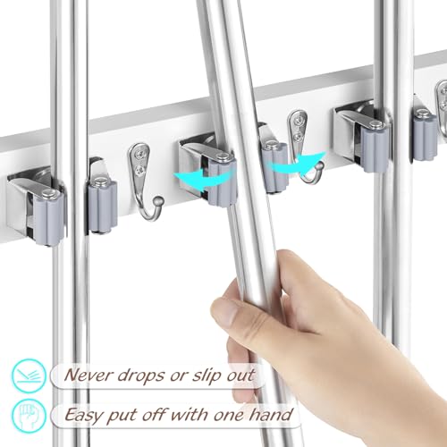 2 Pack Mop Broom Holder Wall Mount - White Wood Broom Mop Hanger - Wall Mounted Garden Tool Rack Organizer for Closet Garage Laundry Room, 4 Slots & 4 Hooks