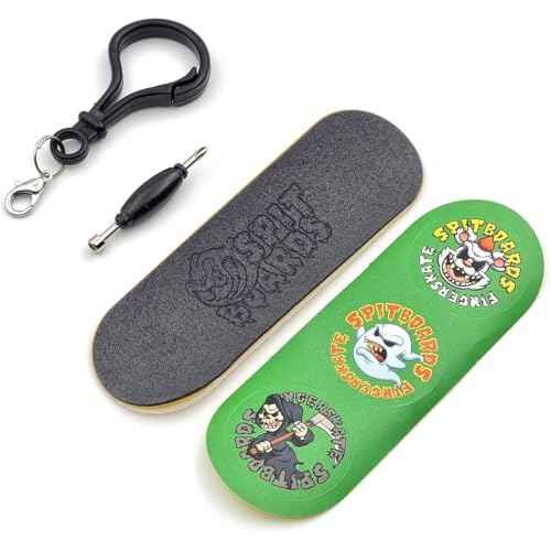 SPITBOARDS¢ç 32 x 96 mm Fingerboard Complete Wood Set-Up Assembled, Silver Trucks with Bushings and Nuts, CNC Bearing Wheels in Transparent Green, Lasered Grip Tape Lime Green Skull and Bones