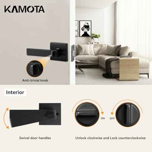 KAMOTA Privacy Door Levers, 5 Pack Matte Black Door Handles Bed and Bath Door Locks Interior Keyless Locksets, Left and Right Hand Reversible
