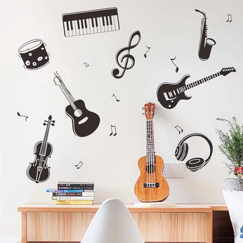 Black-White Musical Instrument Wall Stickers Wall Stickers, sacinora Guitar Violin Cello Saxophone Musical Note Music Wall Decals Removable Vinyl Peel and Stick for Classroom Music Studio Home Decor