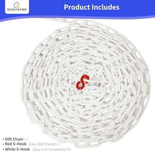 White Plastic Chain 50ft, 1.42" Link, High Visibility Plastic Chain Barrier for Crowd Control, Parking Lot, Driveway, Construction, Fence, Indoor & Outdoor