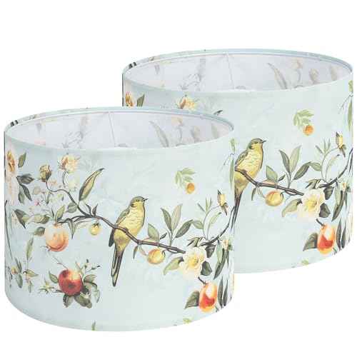 Drum Lamp Shades Set of 2, 13x13x10in Fabric Lamp Shade, Lampshade with Floral and Bird Print, Lamp Shades for Table Lamps, Support Spider and E26 Base