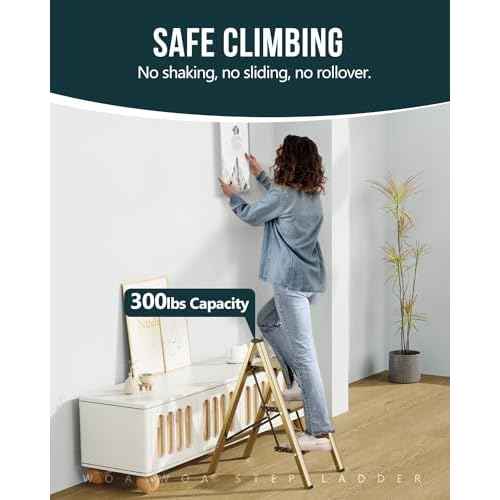 WOA WOA Step Ladder, 3 Step Foldable Step Stool with Widen Pedals, Portable Home Ladders for Kitchen, Lightweight Aluminum Stepladder, Compact Ladder for Space Saving (300lbs, Gold)