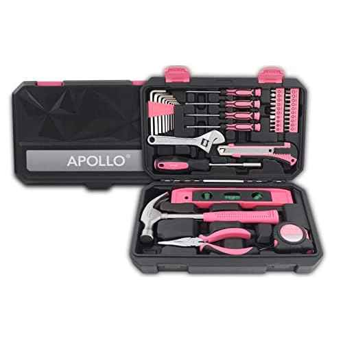 Apollo Tools 39 Piece General Household Tool Set in Toolbox Storage Case with Essential Hand Tools for Everyday Home Repairs, DIY and Crafts - Pink Ribbon - Pink - DT9711P