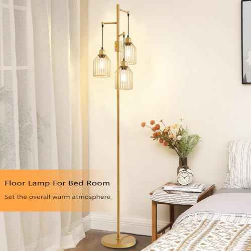 Dimmable Floor Lamp for Living Room, Farmhouse Floor Lamps with Elegant Hanging Cage, 3 x LED Edison Bulbs Included, 68.5" Industrial Standing Light for Bedroom Office Home Decor (Gold)
