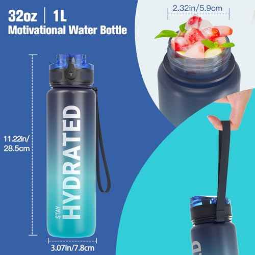 Sahara Sailor Water Bottle, 32/25/17oz Durable and Leakproof Water Bottles Motivational with Time Marker, Tritan, BPA Free, Wide Mouth with Easy Clean Brush for Gym, Travel, School, Office (1 Bottle)