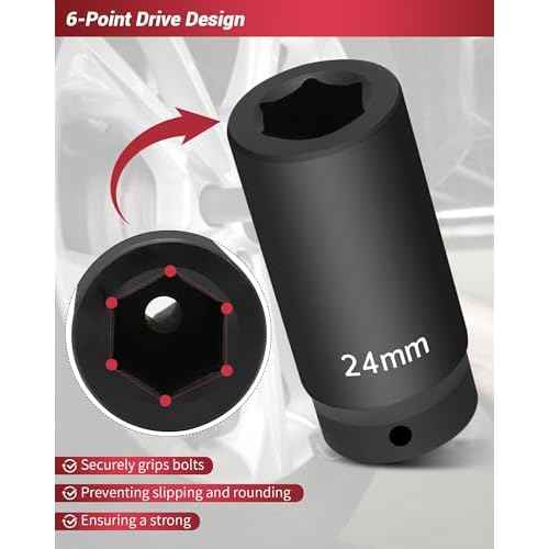 1/2¡¯¡¯ Drive Crank Bolt Socket Set, weighted socket set 6 Pack 17MM, 19MM, 21MM, 22MM, 24MM, 27MM, Harmonic Balancer Socket Set, 3 Times Momentum Power of Standard Impact Sockets