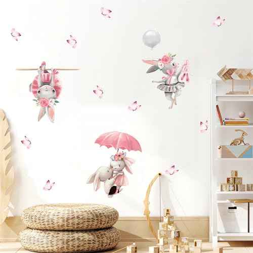 Cute Pink Bunny Butterfly Wall Stickers, sacinora Little Rabbit Cartoon Animal DIY Wall Decal Removable Vinyl Peel and Stick for Kids Baby Girl Nursery Bedroom Toddler Room Kindergarten Art Decoration
