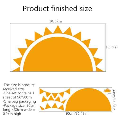 Bohemian Half Sun Wall Decal, Vinyl, Waterproof, Irregular Shape, Bohemian Style, Indoor Decoration, 30.07x15.74 inches, Unisex