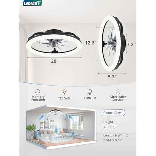 LEDIARY 20 Inch Low Profile Ceiling Fans with Lights and Remote, Dimmable Modern Fan Light(3000K-6000K), 6 Speed, Reversible, APP & Remote Control, Flush Mount Ceiling Fan for Bedroom, Black