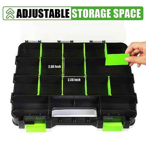 Generic Tool Box with Transparent Lid, Double Side 34-Compartments Organizer Box with Removable Dividers for Hardware, Screws, Bolts, Nails, Beads, Jewelry and Fishing Accessories, Green, 2 Packs