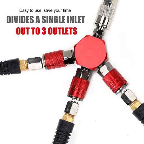 3-Way Air Manifold 4 Ports Aluminum Industrial Flat Hex Quick Connect Air Hose Splitter with 3 Steel Couplers and 1/4" Male NPT Plug