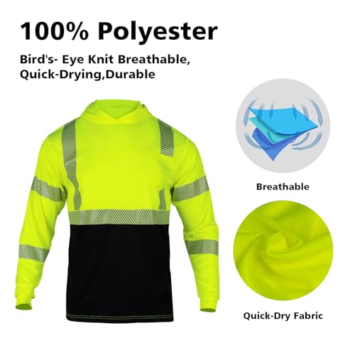 VENDACE 3pcs Safety Reflective High Visibility Long Sleeve ANSI Class 3 Hi Vis Construction Work T Shirts for Men with Hood