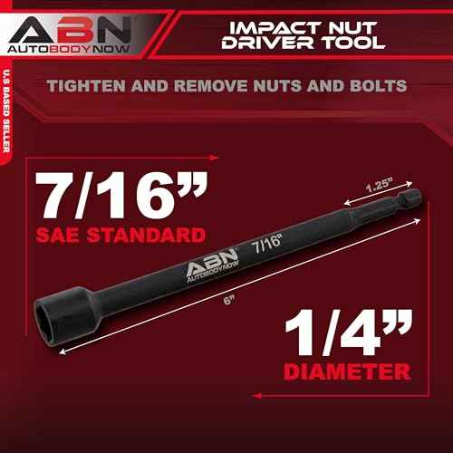 ABN 7/16 IN Impact Nut Driver Tool - SAE 6 IN Long Shank Nut Driver Bits Magnetic Tip Sockets, 1/4 IN Hex Shank