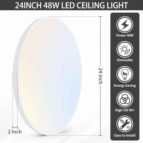 24 Inch Flush Mount Ceiling Light Fixture, Dimmable with Remote, 3000K-6500K Adjustable Color, 48W 4800Lm Ultra Thin Modern Round LED Ceiling Light, White for Bedroom, Kitchen, Living Room